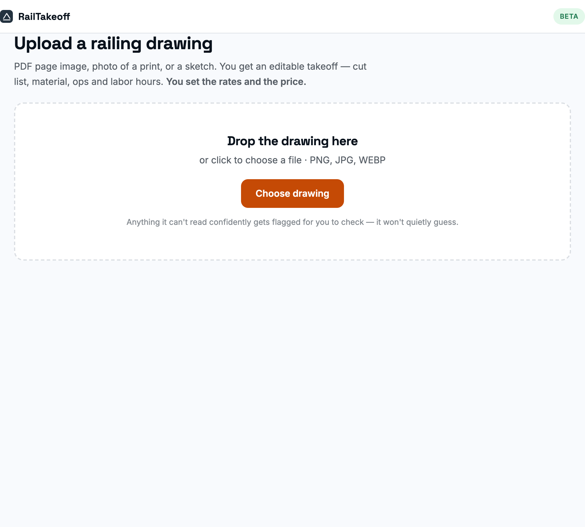 RailTakeoff: drop a railing drawing, it reads the print and returns an itemized takeoff with review flags, then you add your rates and the quote computes