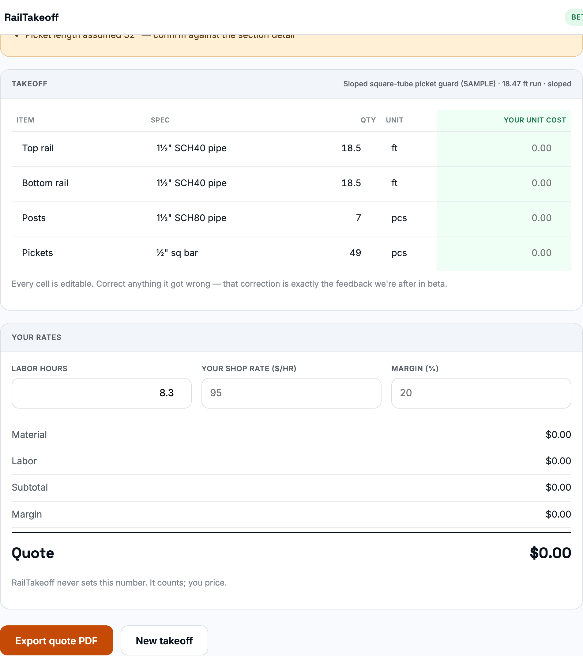 RailTakeoff: entering your labor rate and margin, and the quote total computing live